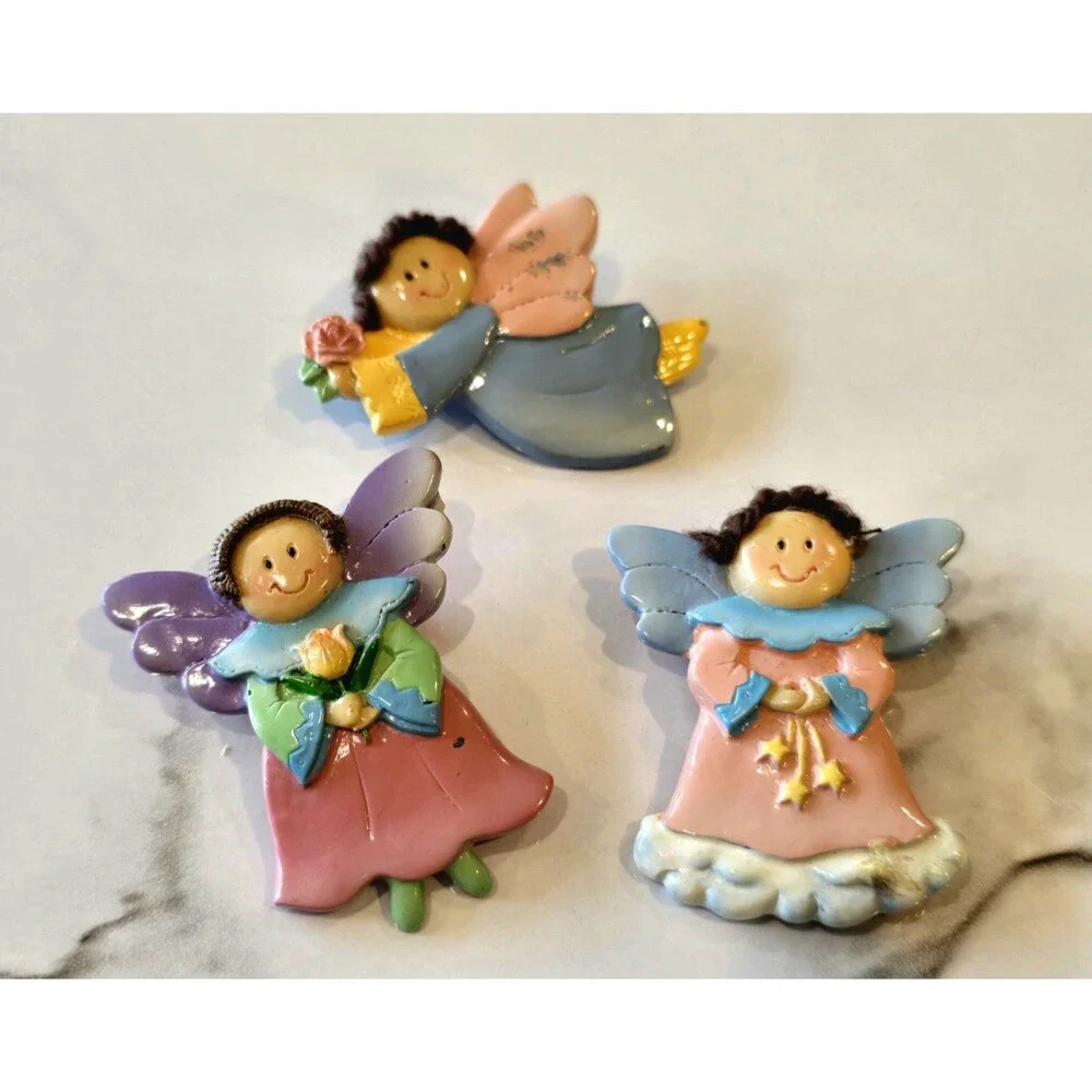 Lot of 3 Angel Fairy Brooch Pins Colorful Resin Enamel Winged Floral Cute #1226
